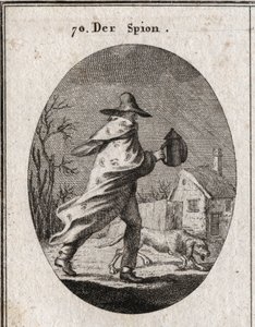 Allegoria della spia. Il suo mantello è disseminato di occhi e orecchie e tiene una lanterna sorda. Un cane bracco annusa il terreno. Incisione in "Iconologie oder Ideen aus dem Gebiete der Leidenschaften und Allegorien bildich dargestellt fur Zeichner, Ma da Austrian School