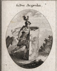 Allegoria del sospetto nascosta dietro uno scudo su cui si erge un leone, simbolo del sospetto secondo Aristotele, e un gallo sull