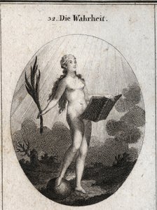Allegoria della verità rappresentata nuda senza artifici e con aspetto naturale guarda la luce del sole. La palma simboleggia il trionfo della frode e il libro rappresenta lo studio. Incisione in “Iconologie oder Ideen aus dem Gebiete der Leidenschaften un da Austrian School