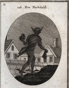 Allegoria del furto rappresentata da un uomo che cammina nella notte con una lanterna sorda e una borsa in mano. Le ali sui suoi piedi mostrano che è pronto a correre. Incisione in "Iconologie oder Ideen aus dem Gebiete der Leidenschaften und Allegorien bi da Austrian School