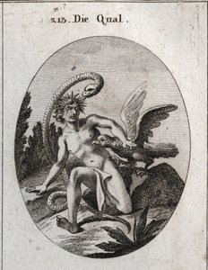 Allegoria del tormento. La sua testa circondata da spine significa tormenti della mente. Il serpente dice che la paura del pericolo lo rende più formidabile. Un avvoltoio le mangia il cuore. Incisione in "Iconologie oder Ideen aus dem Gebiete der Leidensch da Austrian School