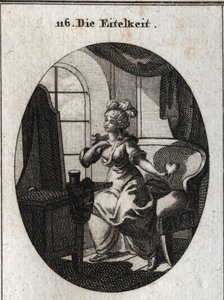 Allegoria della vanità. Desiderando piacere ed essere considerata, è rappresentata davanti al suo toilette lusingandosi davanti allo specchio con un cuore in mano. Incisione in "Iconologie oder Ideen aus dem Gebiete der Leidenschaften und Allegorien" da Austrian School