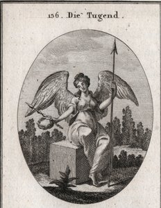 Allegoria della virtù. Il cubo di marmo su cui siede desidera la solidità, e le sue ali spiegate significano che sta sopra il volgare. Incisione in "Iconologie oder Ideen aus dem Gebiete der Leidenschaften und Allegorien bildich dargestellt fur Zeichner" da Austrian School