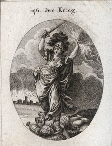 Allegoria della guerra. Tiene un fulmine e una spada nuda e calpesta vasi d