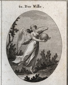 Allegoria della volontà. È rappresentata con ali e tiene una palla di diversi colori. Incisione in "Iconologie oder Ideen aus dem Gebiete der Leidenschaften und Allegorien bildich dargestellt fur Zeichner, Mahler, Dichter, Gelehrte, Erzieher und freunde Ho
