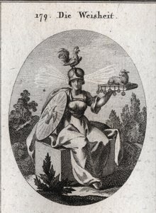 Allegoria della saggezza. I suoi abiti e le sue armi bianche definiscono la sua forza e purezza. Il gallo sul suo elmo è il simbolo della sua intelligenza e vigilanza. I raggi di luce che escono dalle sue tempie significano dignità e santità. Il libro ferm da Austrian School