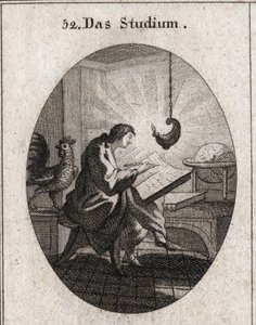 Allegoria della scrittura a una scrivania illuminata dalla luce. Il gallo è l