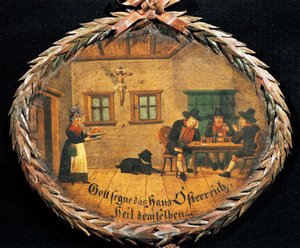 Clienti seduti al tavolo in una locanda e cameriera, insegna ovale per locanda, Austria