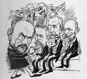 Emile Zola cerca di sbloccare le serrature che chiudono le bocche dei presidenti Jean Casimir-Perier (1847-1907) e Félix Faure (1841-1899) così come il presidente del Consiglio Jules Méline (1838-1925), mentre sullo sfondo Henri Rochefort (1831-1913) racco da Austrian School