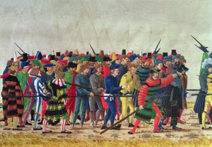 Alabardieri di Massimiliano I (1459-1519) che sorvegliano prigionieri francesi