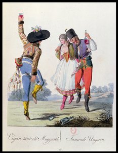 Ballerini ungheresi in abiti tradizionali, illustrazione da un libro Costumes de Pannonie di J.H. de Bikkesy, pubblicato a Vienna, 1810 da Austrian School
