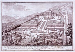 Giardini magnifici e palazzo del Barone de Huldenburg, costruiti da lui a Widlingsau, 1719 da Austrian School