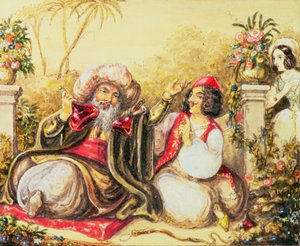 Pedrillo che offre da bere a Osmin, mentre Blonda aspetta sullo sfondo, scena dall