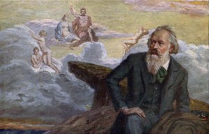Cartolina raffigurante Johannes Brahms che compone la sua 1ª Sinfonia Op.68, c.1900