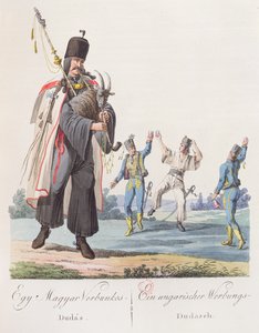 Soldati di un reggimento ungherese che eseguono una danza di reclutamento, illustrazione da un libro Costumes de Hongrie, pubblicato a Vienna, 1810 da Austrian School