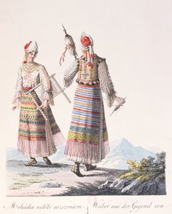 Donne in abiti tradizionali della regione di Mehadia, illustrazione da un libro Costumi di Ungheria di J.H. de Bikkesy, 1810 da Austrian School