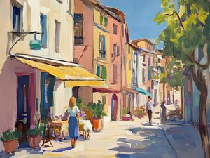Una soleggiata via dei caffè europei