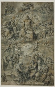 Disputa del Santissimo Sacramento con la Trinità che aleggia nel cielo da Avanzino Nucci