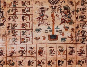 Rappresentazione di divinità azteche e caselle corrispondenti al calendario. Pagina del manoscritto azteco su corteccia Codice Borbonico, codice indigeno precolombiano del Messico centrale, fine XV secolo. Biblioteca dell