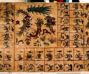 Rappresentazione di divinità azteche e caselle corrispondenti al calendario. Pagina del manoscritto azteco su corteccia "Codice Borbonico", codice indigeno precolombiano del Messico centrale, fine XV secolo. Biblioteca dell