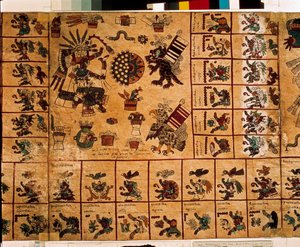 Rappresentazione di divinità azteche e caselle corrispondenti al calendario. Pagina del manoscritto azteco su corteccia "Codice Borbonico", codice indigeno precolombiano del Messico centrale, fine XV secolo. Biblioteca dell