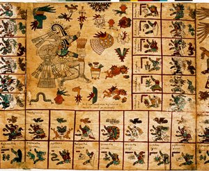 Rappresentazione di divinità azteche e caselle corrispondenti al calendario. Pagina del manoscritto azteco su corteccia 