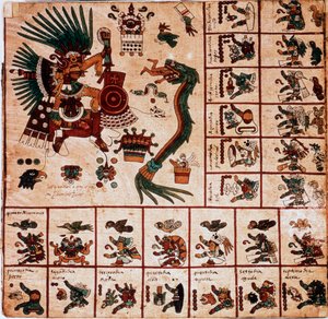 Rappresentazione di Quetzalcoatl e Tezcatlipoca, divinità azteche e caselle corrispondenti al calendario. Pagina del manoscritto azteco su corteccia "Codice Borbonico", codice indigeno precolombiano del Messico centrale, fine XV secolo. Biblioteca dell