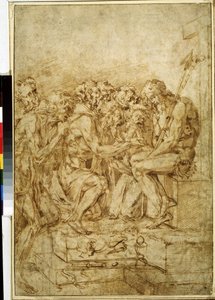 Cristo con i simboli della Passione circondato da sette figure. Disegno a inchiostro marrone di Baccio Bandinelli (1493-1560) XVI secolo Museo Puskin, Mosca da Baccio Bandinelli