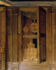 Pannellatura intarsiata raffigurante un armadio con una porta a grata, nello studio di Federico da Montefeltro, Duca di Urbino