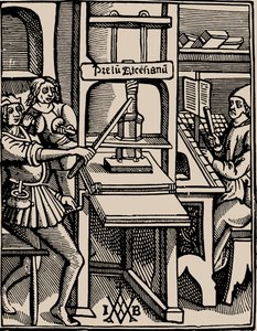 Prelum Ascensianum: dispositivo del tipografo con la pressa da stampa in funzione, 1508 da Badius
