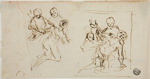 Due schizzi compositivi di figura che crolla sostenuta da altre due figure (recto); schizzo compositivo di figura inginocchiata accompagnata da altre due figure da Baldassare Franceschini