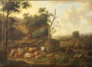 Paesaggio con figure e animali.