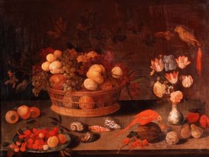 Natura morta di pesche, mele e uva in un cesto di vimini, fiori in un vaso cinese e due pappagalli su un tavolo da Balthasar van der(follower of) Ast