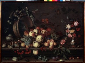Natura morta con frutta, fiori e pappagalli da Balthasar van der Ast