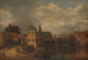 Veduta della città di Haarlem, presa dal fiume Spaarne, con l