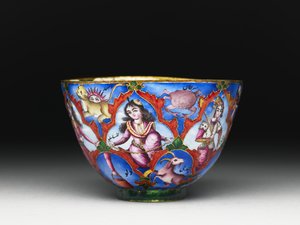 Ciotola con coperchio, piattino e cucchiaio con decorazione astrologica, inizio XIX secolo da Baqir