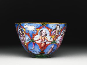 Ciotola con coperchio, piattino e cucchiaio con decorazione astrologica, inizio XIX secolo da Baqir