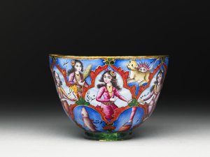 Ciotola con coperchio, piattino e cucchiaio con decorazione astrologica, inizio XIX secolo da Baqir