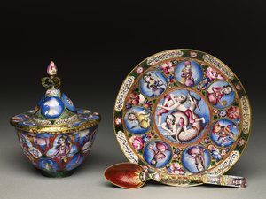 Ciotola con coperchio, piattino e cucchiaio con decorazione astrologica, inizio XIX secolo da Baqir