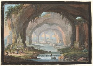 Paesaggio con grotte perforate, monumenti funebri, un fiume e figure da Barbara Dietzsch