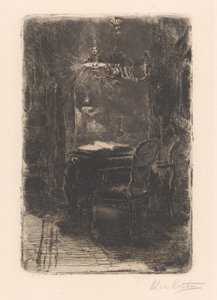 Interno con specchio e tavolo con libro aperto