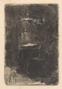 Interno con specchio e tavolo con libro aperto