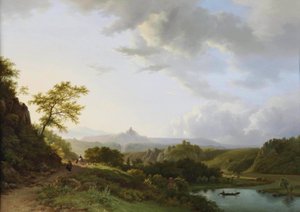 Paesaggio panoramico estivo con viaggiatori e rovine di un castello in lontananza da Barend Cornelis Koekkoek