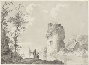 Paesaggio fluviale con torre e pescatore da Barend Cornelis Koekkoek