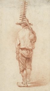 Contadino in piedi con rastrello e brocca sulla spalla, visto di spalle da Barend Cornelis Koekkoek