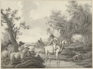 Paesaggio con un pastore e un cavaliere presso uno stagno da Barend Hendrik Thier