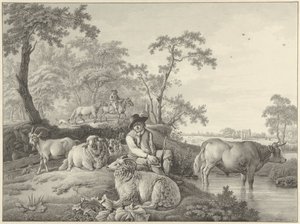 Pastore con pecore, una capra e un giovane toro in un paesaggio da Barend Hendrik Thier