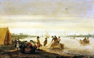 Scena fluviale con pescatori che tirano le reti