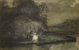 Paesaggio notturno con un fiume e pastori