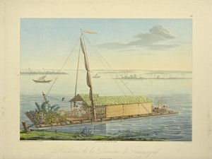 Zattera sul fiume Guayaquil, disegnata da Marchais, incisa da Bouquet, illustrazione da "Vues des Cordillères et Monumens des Peuples Indigènes de l
